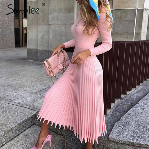 Simplee Solid striped knitted dress Women o neck long sleeve elegant bodycon dress