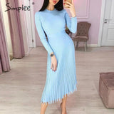 Simplee Solid striped knitted dress Women o neck long sleeve elegant bodycon dress