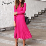 Simplee Solid striped knitted dress Women o neck long sleeve elegant bodycon dress