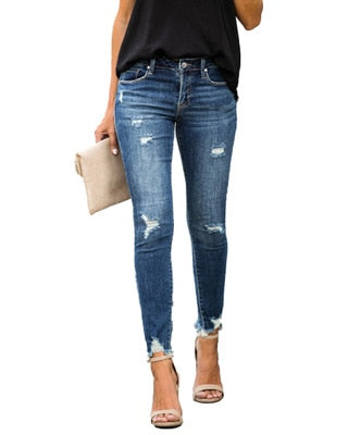 New Mid Waist Skinny Jeans Women Vintage Distressed Denim Pants