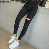 BornSra 2020 Sexy High Waist Tassel Ripped Holes Denim Pants