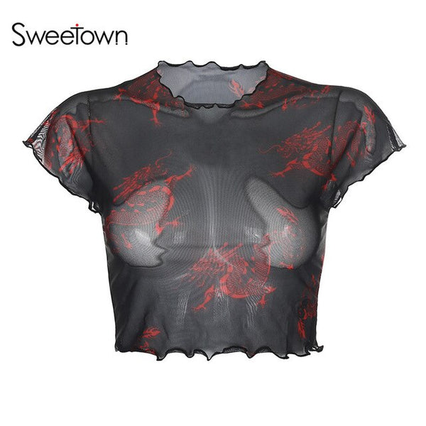 Sweetown Summer Streetwear Sexy Mesh Crop Top T Shirts Women