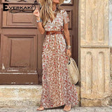 Everkaki Boho Floral Print Maxi Dress Women Summer Vestidos with Sashes