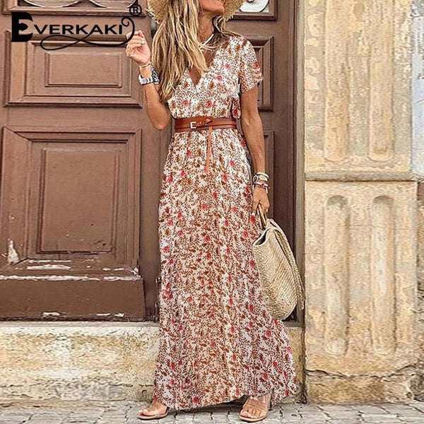 Everkaki Boho Floral Print Maxi Dress Women Summer Vestidos with Sashes