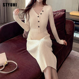 Woman autumn winter v-neck belt button elegant dress ribbed knitted