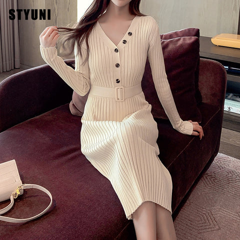 Woman autumn winter v-neck belt button elegant dress ribbed knitted