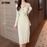 Woman autumn winter v-neck belt button elegant dress ribbed knitted