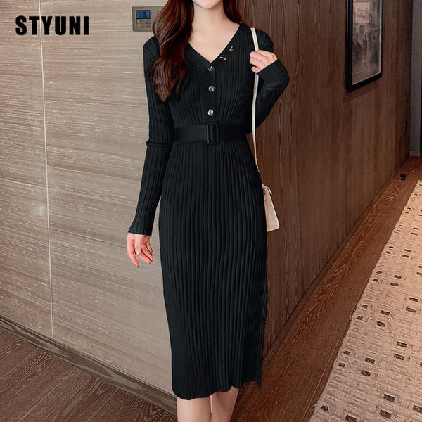 Woman autumn winter v-neck belt button elegant dress ribbed knitted