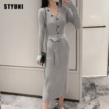 Woman autumn winter v-neck belt button elegant dress ribbed knitted