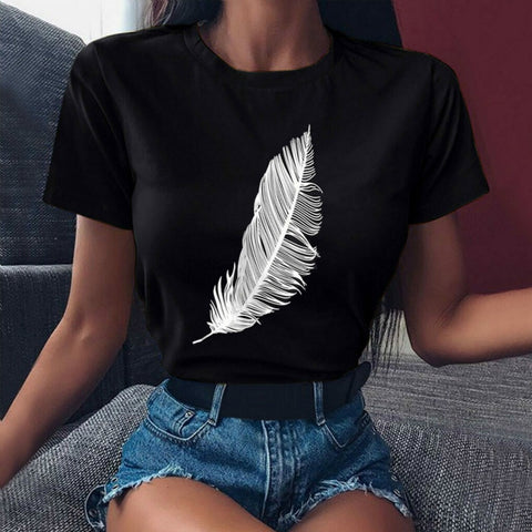 2020 Women Casual Harajuku Fashion T-shirt Feather Print Loose O-neck Short