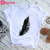 2020 Women Casual Harajuku Fashion T-shirt Feather Print Loose O-neck Short