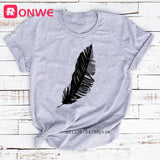 2020 Women Casual Harajuku Fashion T-shirt Feather Print Loose O-neck Short