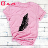 2020 Women Casual Harajuku Fashion T-shirt Feather Print Loose O-neck Short