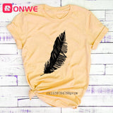 2020 Women Casual Harajuku Fashion T-shirt Feather Print Loose O-neck Short